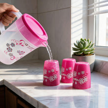 Floral Plastic Juice Jug with Matching Cups - 4-Piece Drinkware Set - Pink