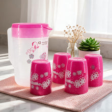 Floral Plastic Juice Jug with Matching Cups - 4-Piece Drinkware Set - Pink