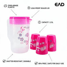 Floral Plastic Juice Jug with Matching Cups - 4-Piece Drinkware Set - Pink