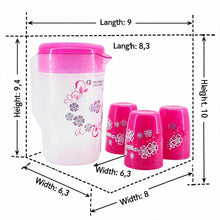 Floral Plastic Juice Jug with Matching Cups - 4-Piece Drinkware Set - Pink