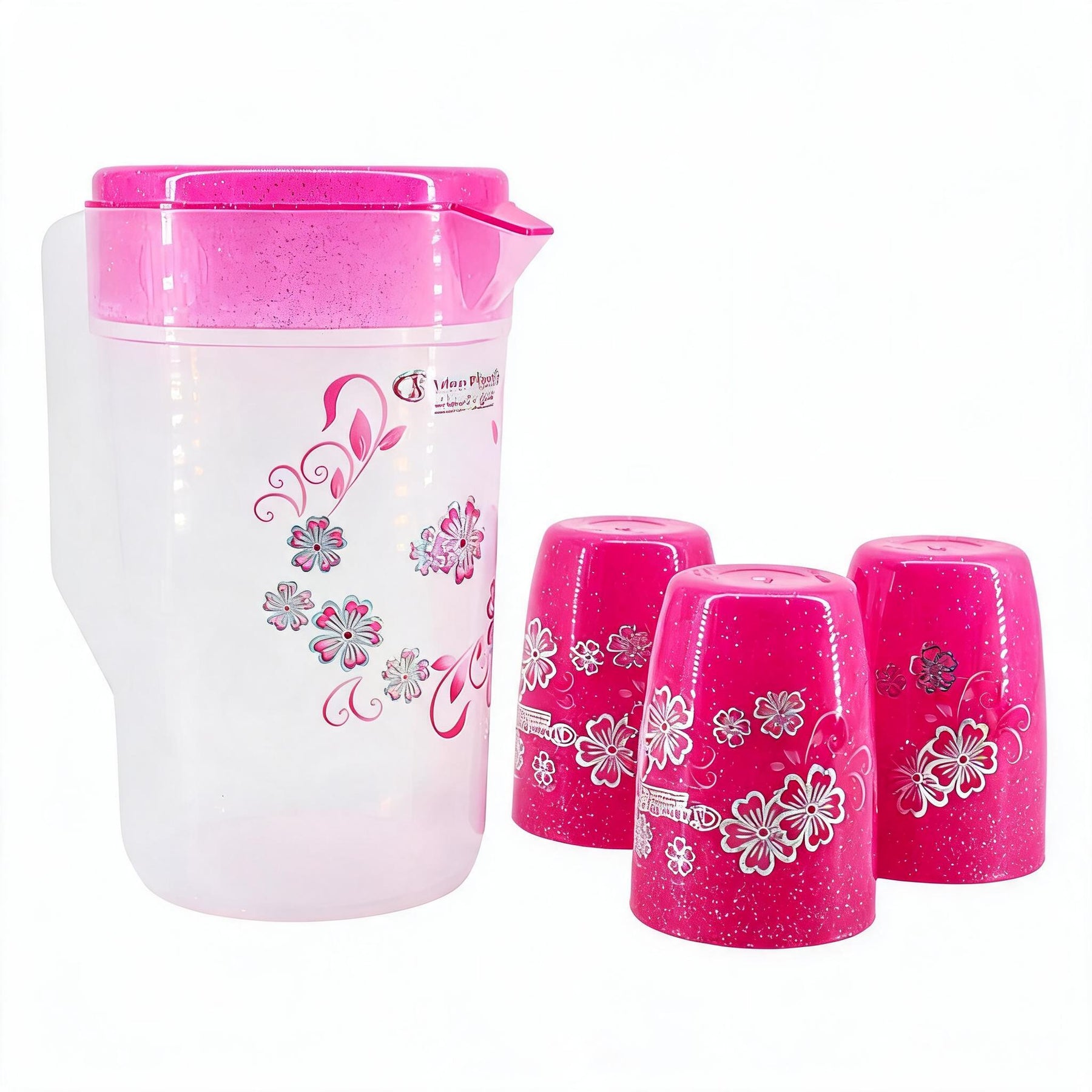 Floral Plastic Juice Jug with Matching Cups - 4-Piece Drinkware Set - Pink