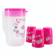 Floral Plastic Juice Jug with Matching Cups - 4-Piece Drinkware Set - Pink