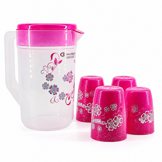 Floral Plastic Juice Jug with Matching Cups – 4-Piece Pink Drinkware Set
