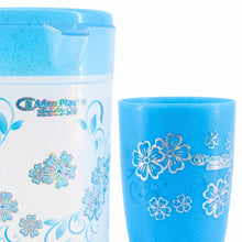 Floral Plastic Juice Jug with Matching Cups - 4-Piece Drinkware Set - Blue