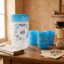 Floral Plastic Juice Jug with Matching Cups - 4-Piece Drinkware Set - Blue