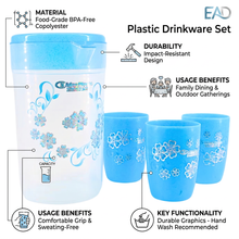 Floral Plastic Juice Jug with Matching Cups - 4-Piece Drinkware Set - Blue