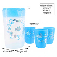Floral Plastic Juice Jug with Matching Cups - 4-Piece Drinkware Set - Blue