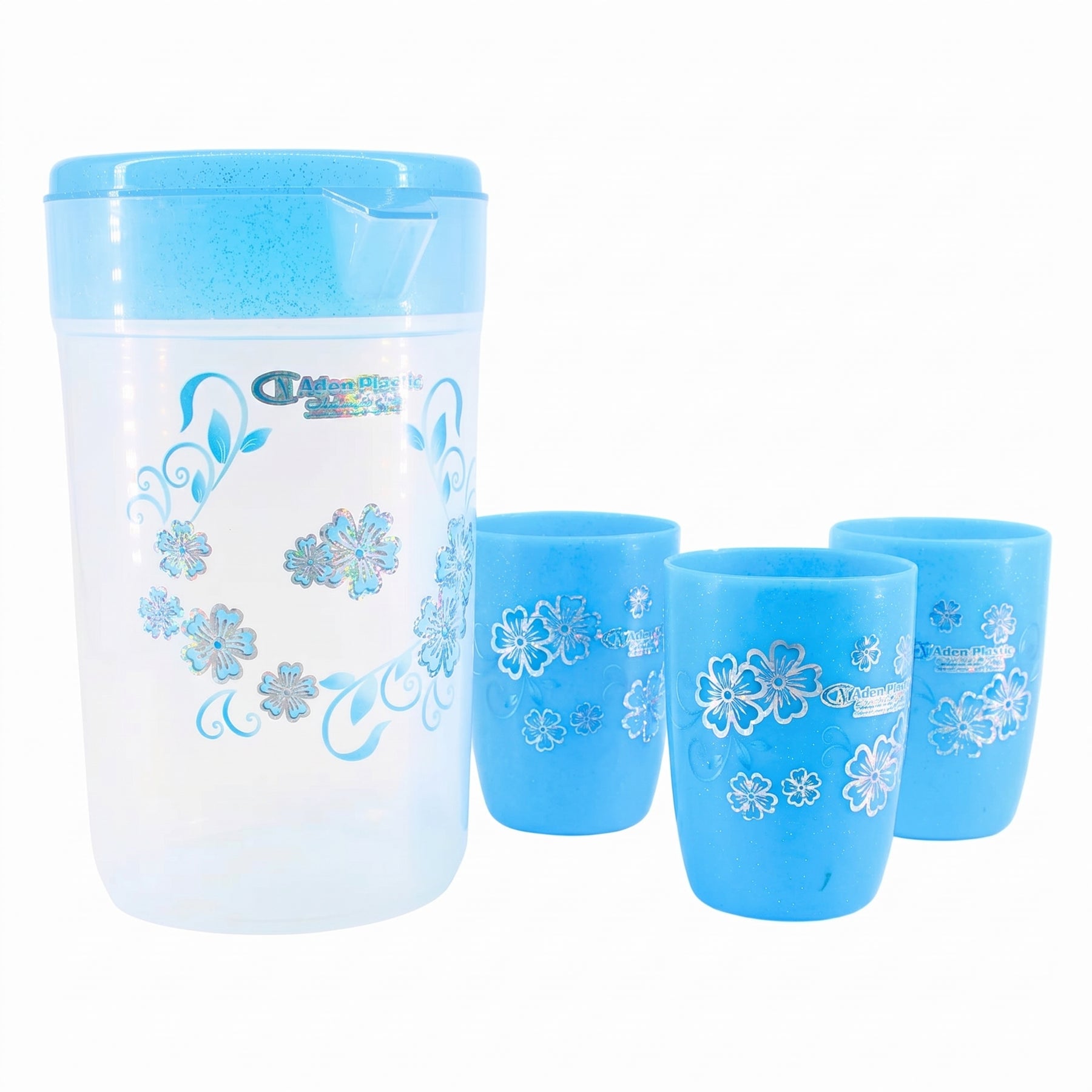 Floral Plastic Juice Jug with Matching Cups - 4-Piece Drinkware Set - Blue
