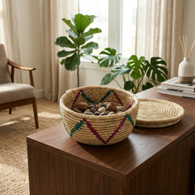Medium Handwoven Natural Wicker Basket with Purple & Teal Accents