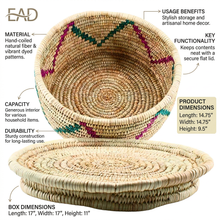 Medium Handwoven Natural Wicker Basket with Purple & Teal Accents