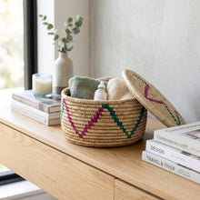 Large Handwoven Natural Wicker Basket with Pink & Teal Accents