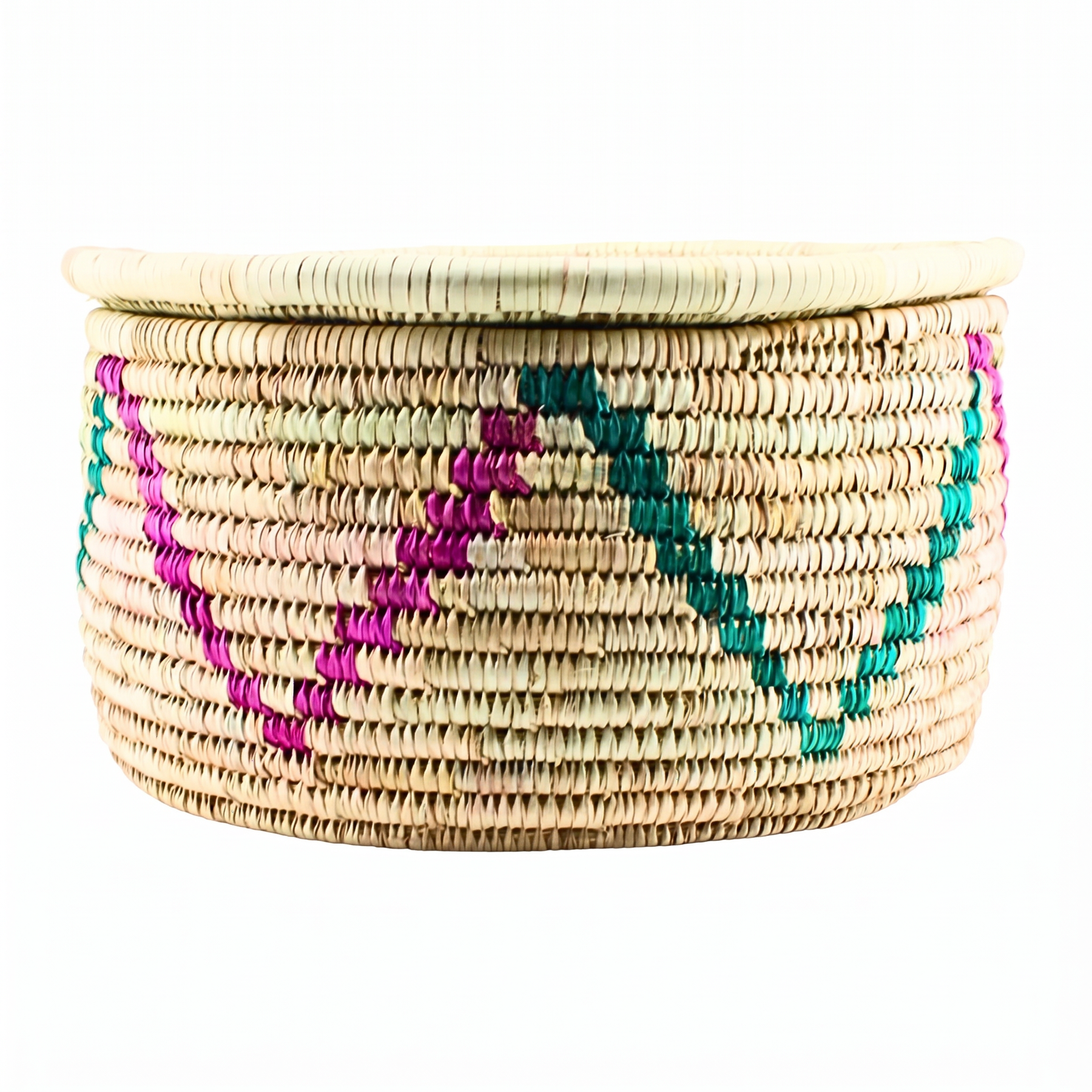 Large Handwoven Natural Wicker Basket with Pink & Teal Accents