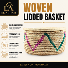 Large Handwoven Natural Wicker Basket with Pink & Teal Accents