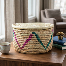Large Handwoven Natural Wicker Basket with Pink & Teal Accents