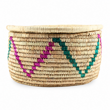 Large Handwoven Natural Wicker Basket with Pink & Teal Accents