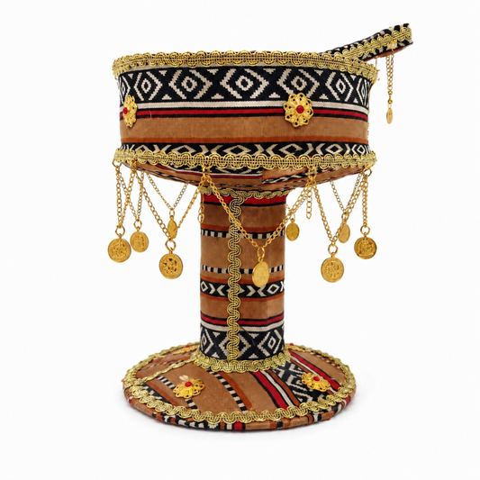 Traditional San’ani Decorated Steel Charcoal Holder, Beige Black and Red Pedestal Design, 8.5 Inch