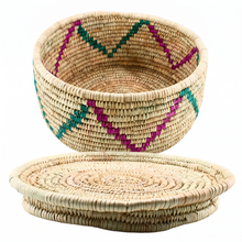 Small Handwoven Natural Wicker Basket with Pink & Teal Accents