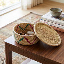 Small Handwoven Natural Wicker Basket with Pink & Teal Accents