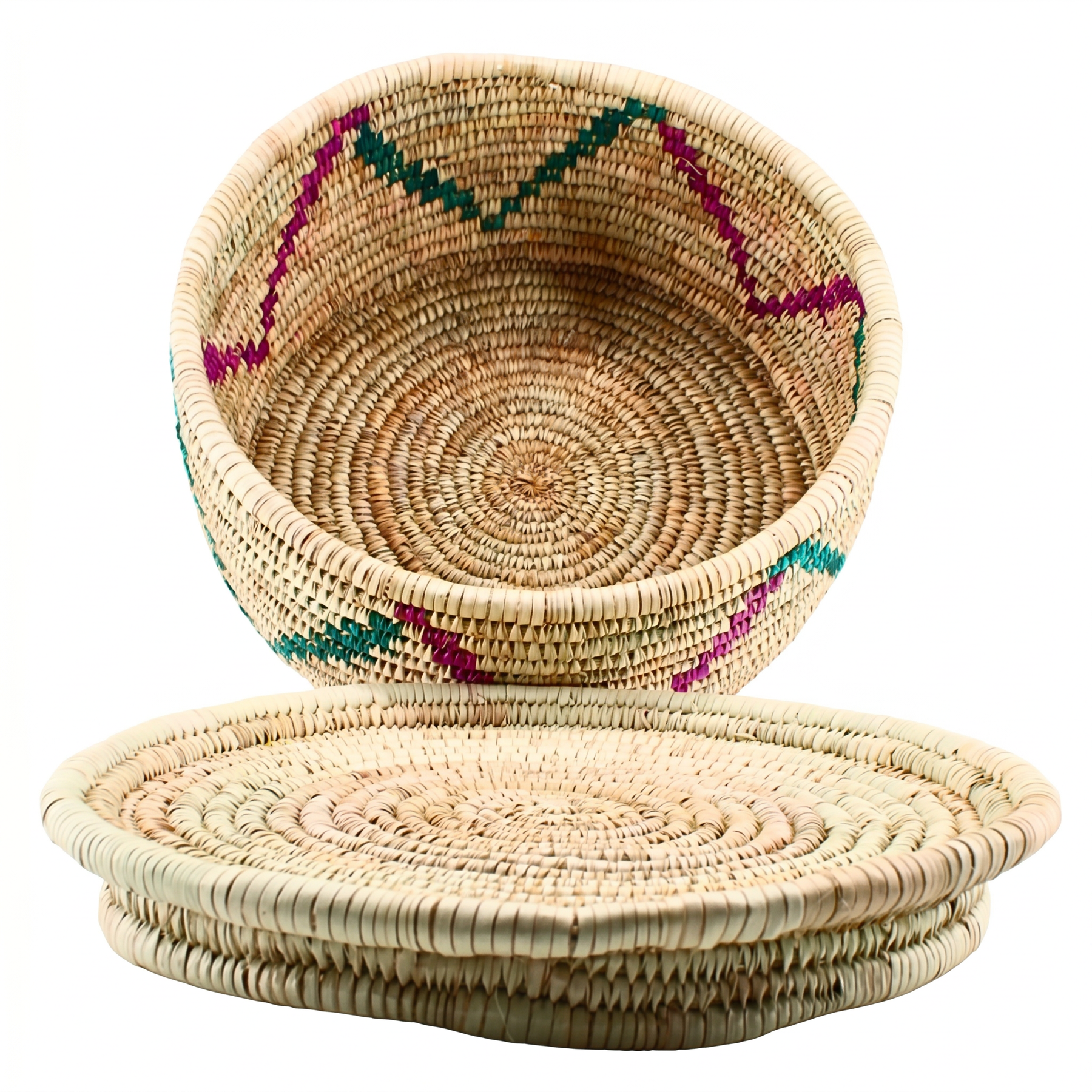 Small Handwoven Natural Wicker Basket with Pink & Teal Accents