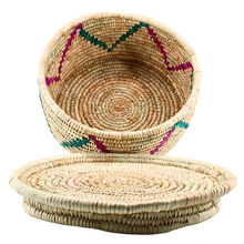 Small Handwoven Natural Wicker Basket with Pink & Teal Accents