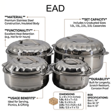 Set of 4 Stainless Steel Casserole Hot Pot - Thermal Food Warmer - S/M/L/XL