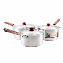 Set of 3 Wood Handle Aluminum Cooking Pots with Lids