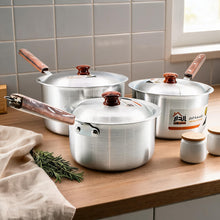 Set of 3 Wood Handle Aluminum Cooking Pots with Lids