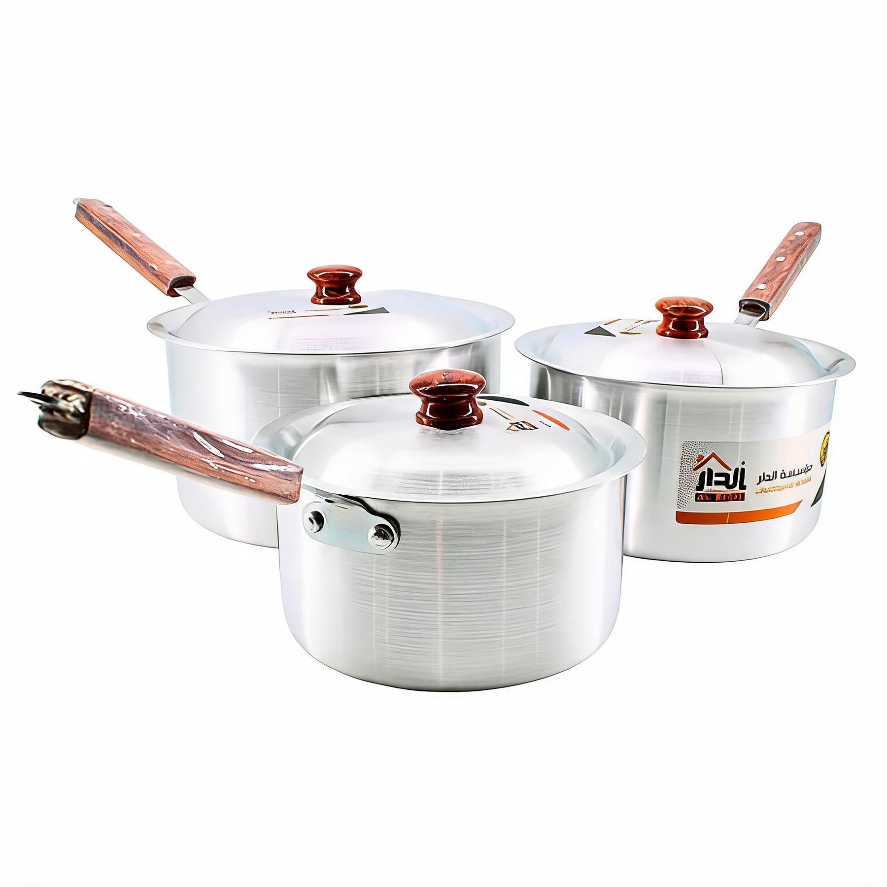 Set of 3 Wood Handle Aluminum Cooking Pots with Lids
