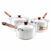 Set of 3 Wood Handle Aluminum Cooking Pots with Lids