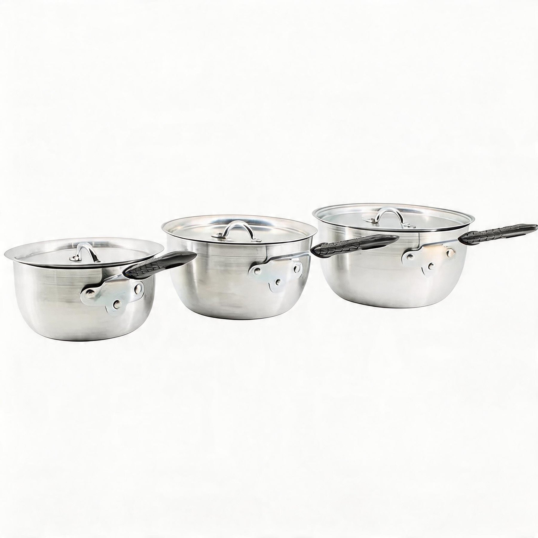 Set of 3 Rubber Handle Aluminum Cooking Pots with Lids