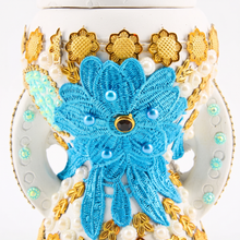 Small White & Gold Traditional Clay Incense Burner with Blue Floral Embellishment