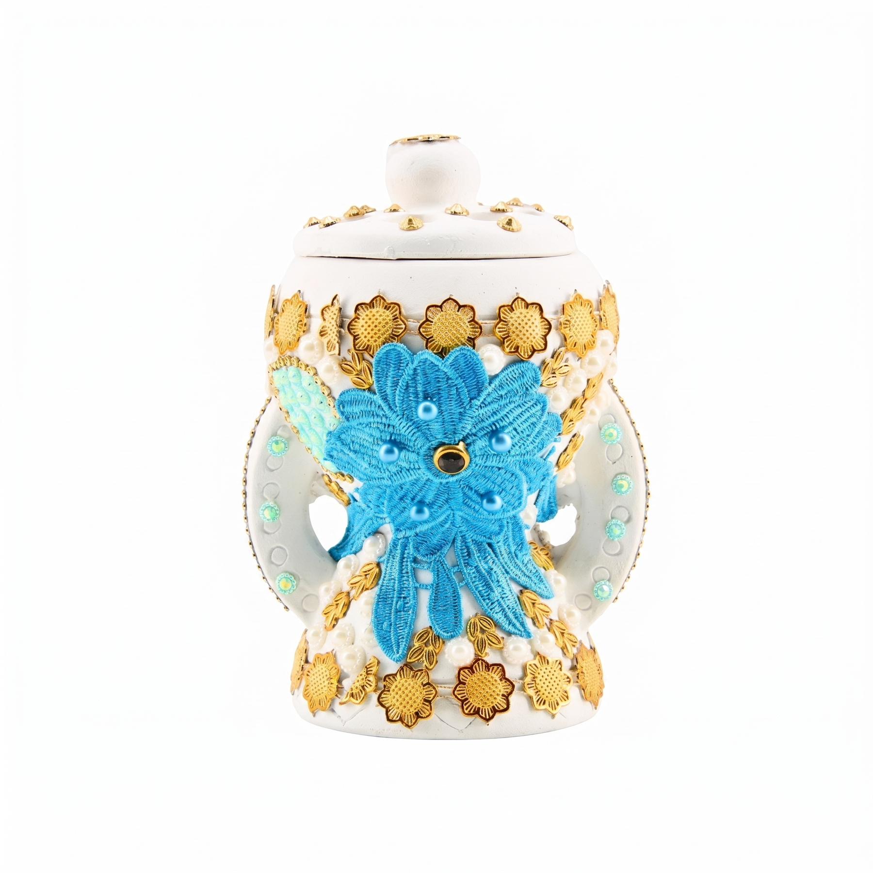 Small White & Gold Traditional Clay Incense Burner with Blue Floral Embellishment