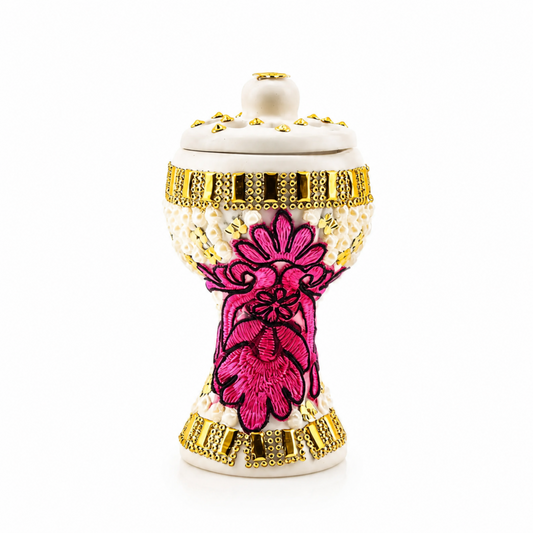 Small White-Gold Traditional Clay Incense Burner – Hot Pink & Black Floral Accent