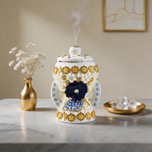 Small White-Gold Traditional Clay Incense Burner - Navy Blue Flower
