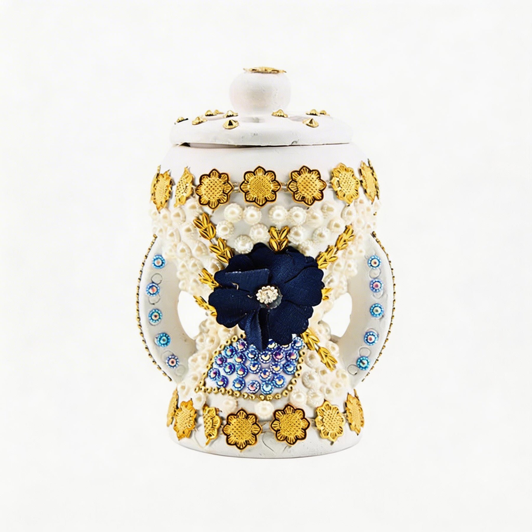Small White-Gold Traditional Clay Incense Burner - Navy Blue Flower