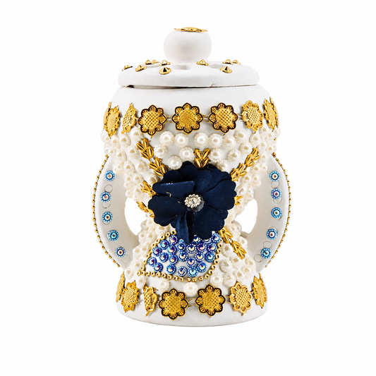 Small White-Gold Traditional Clay Incense Burner with Navy Blue Flower – Decorative Bakhoor Burner for Home Decor, 4.5" x 4.5" x 6.75"