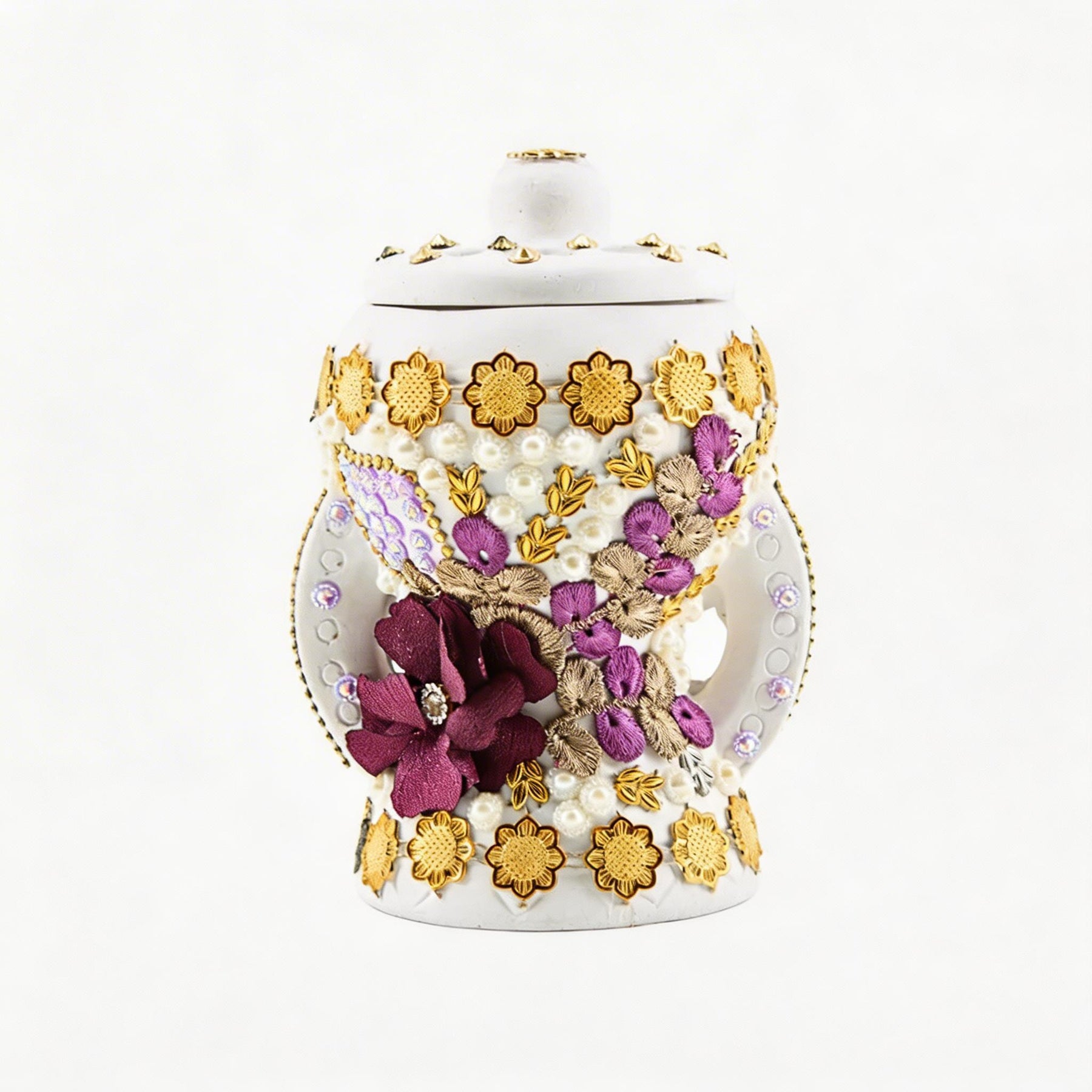 Small White-Gold Traditional Clay Incense Burner - Purple Flower