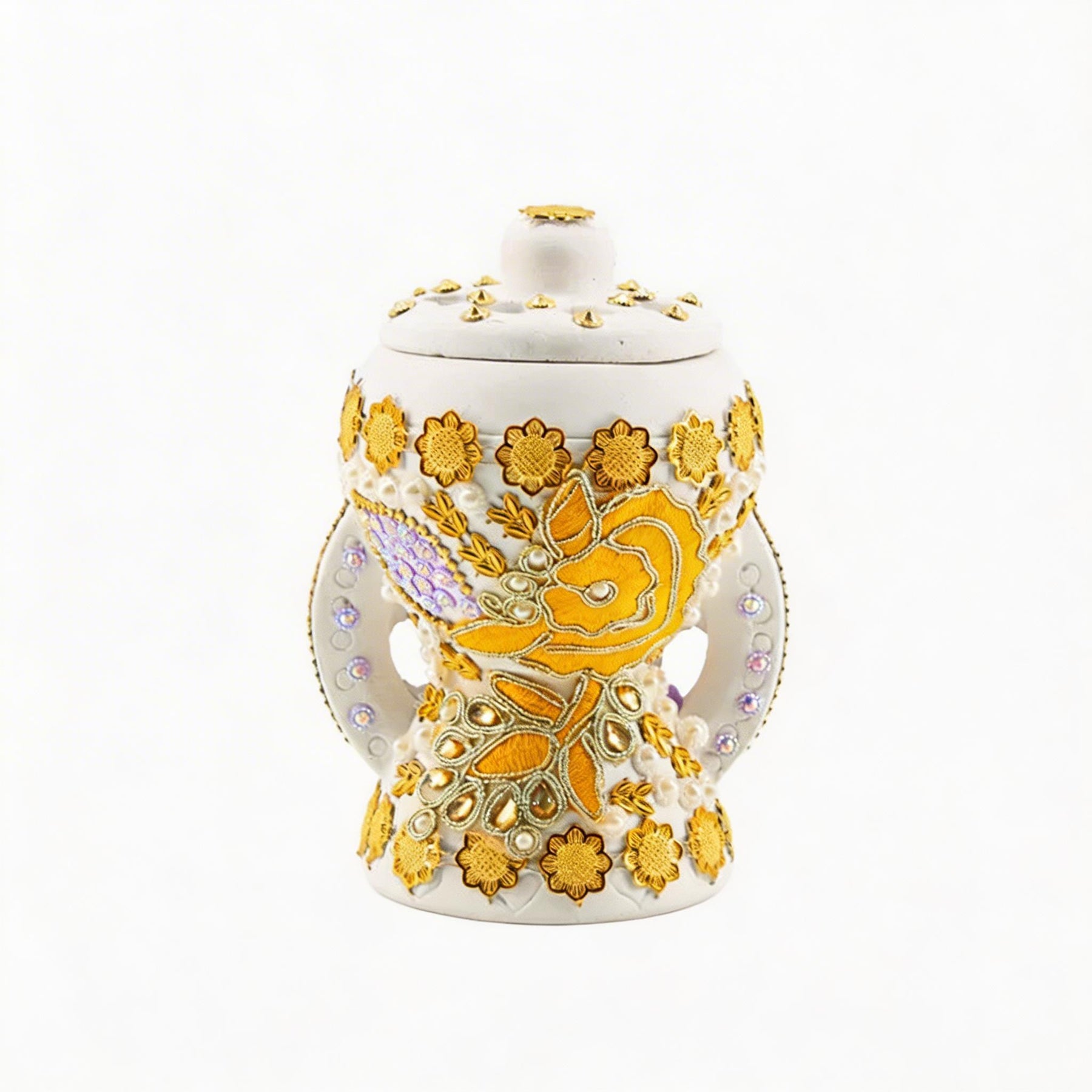White-Gold Traditional Clay Incense Burner - Orange-Gold Small