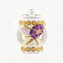 Small White-Gold Traditional Clay Incense Burner - Purple-Gold Flower