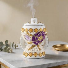 Small White-Gold Traditional Clay Incense Burner - Purple-Gold Flower