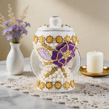 Small White-Gold Traditional Clay Incense Burner - Purple-Gold Flower