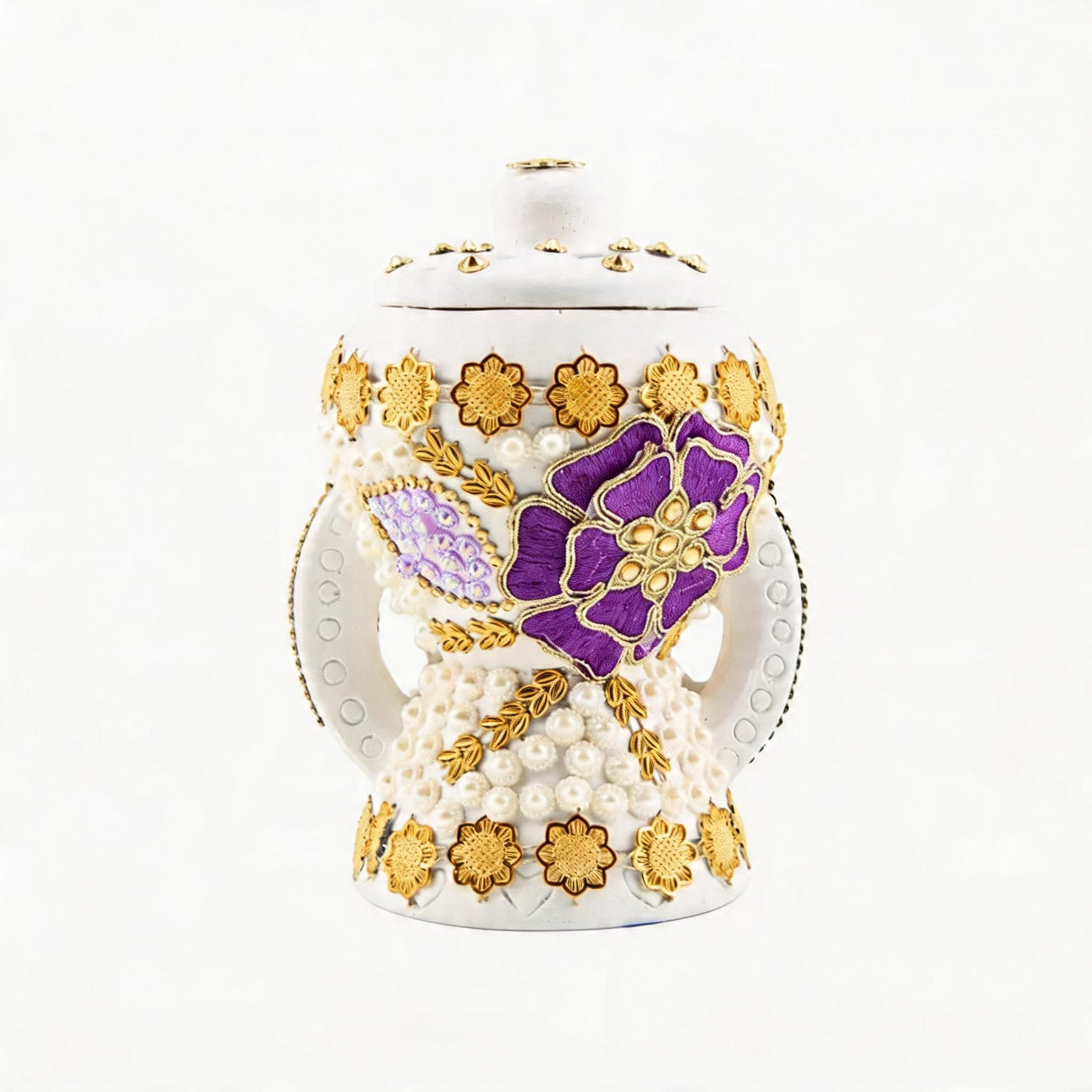 Small White-Gold Traditional Clay Incense Burner - Purple-Gold Flower