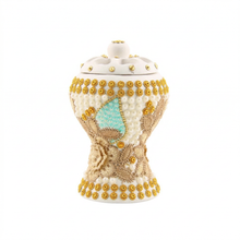 Medium White-Gold Traditional Clay Incense Burner - Beige Floral Design