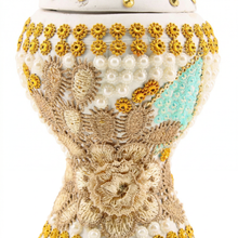 Medium White-Gold Traditional Clay Incense Burner - Beige Floral Design