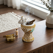 Medium White-Gold Traditional Clay Incense Burner - Beige Floral Design