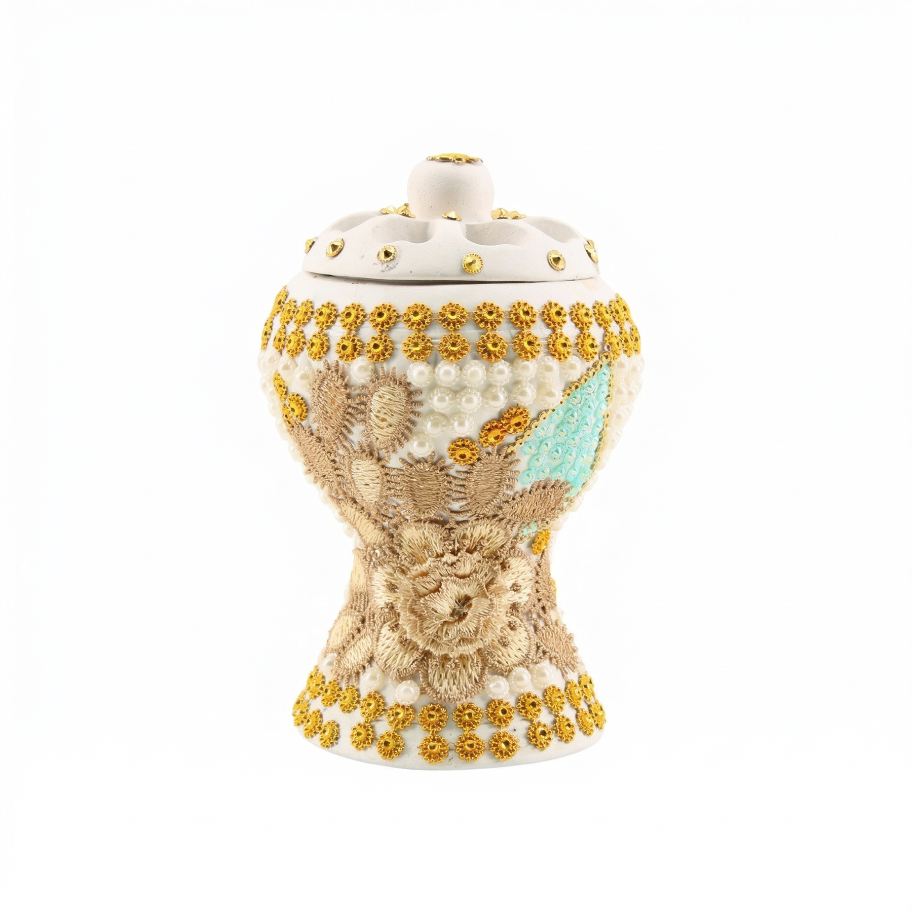 Medium White-Gold Traditional Clay Incense Burner - Beige Floral Design