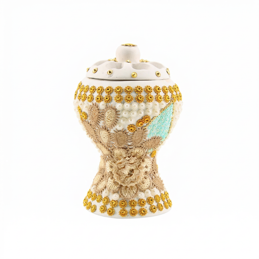 Medium White-Gold Traditional Clay Incense Burner - Beige Floral Design