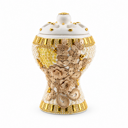 Medium White-Gold Traditional Clay Incense Burner - Beige Abstract Design, 5" x 5" x 7.5"