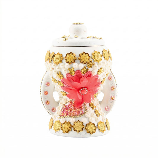 Small White-Gold Traditional Clay Incense Burner - Pink Design