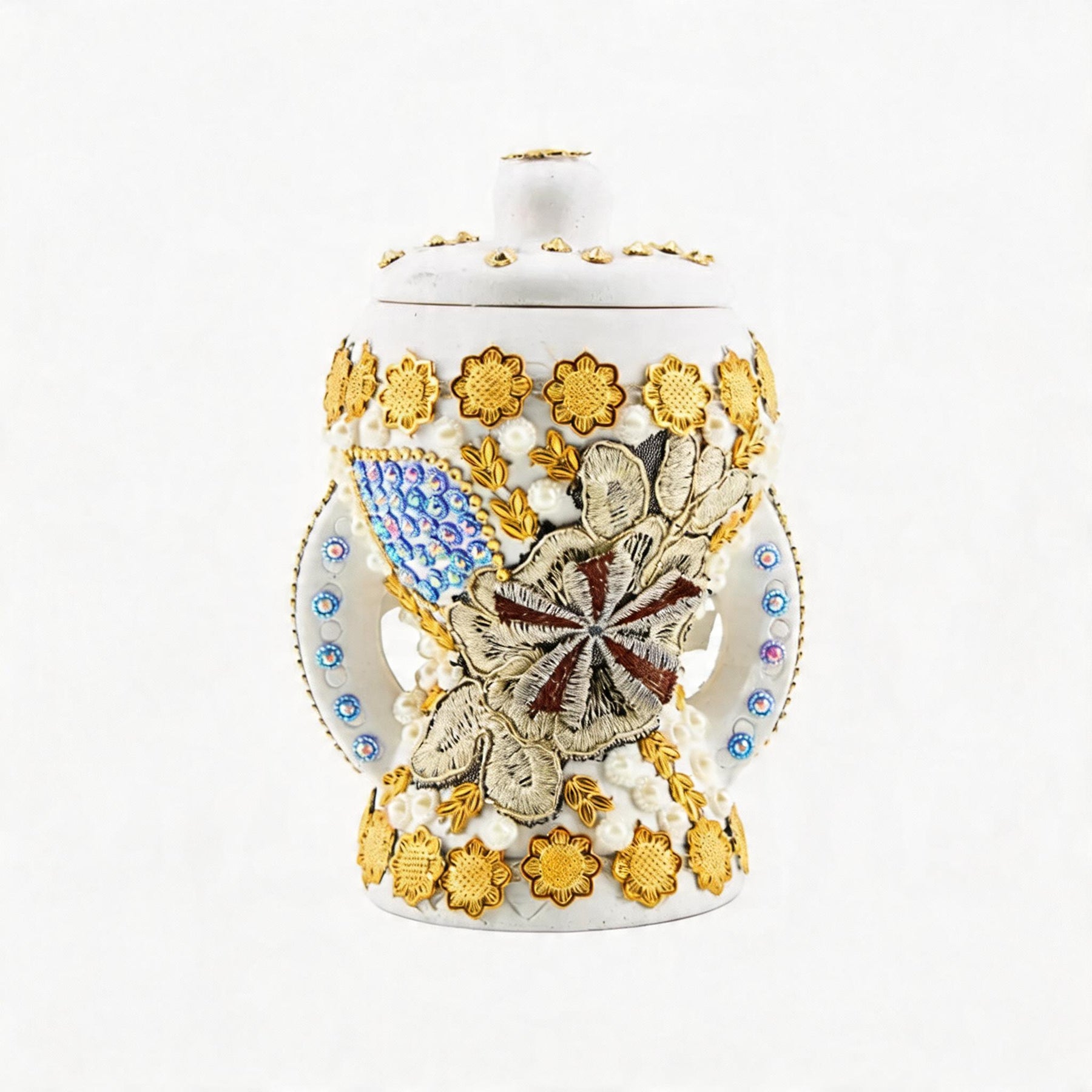Small White-Gold Traditional Clay Incense Burner - Beige-Brown Design